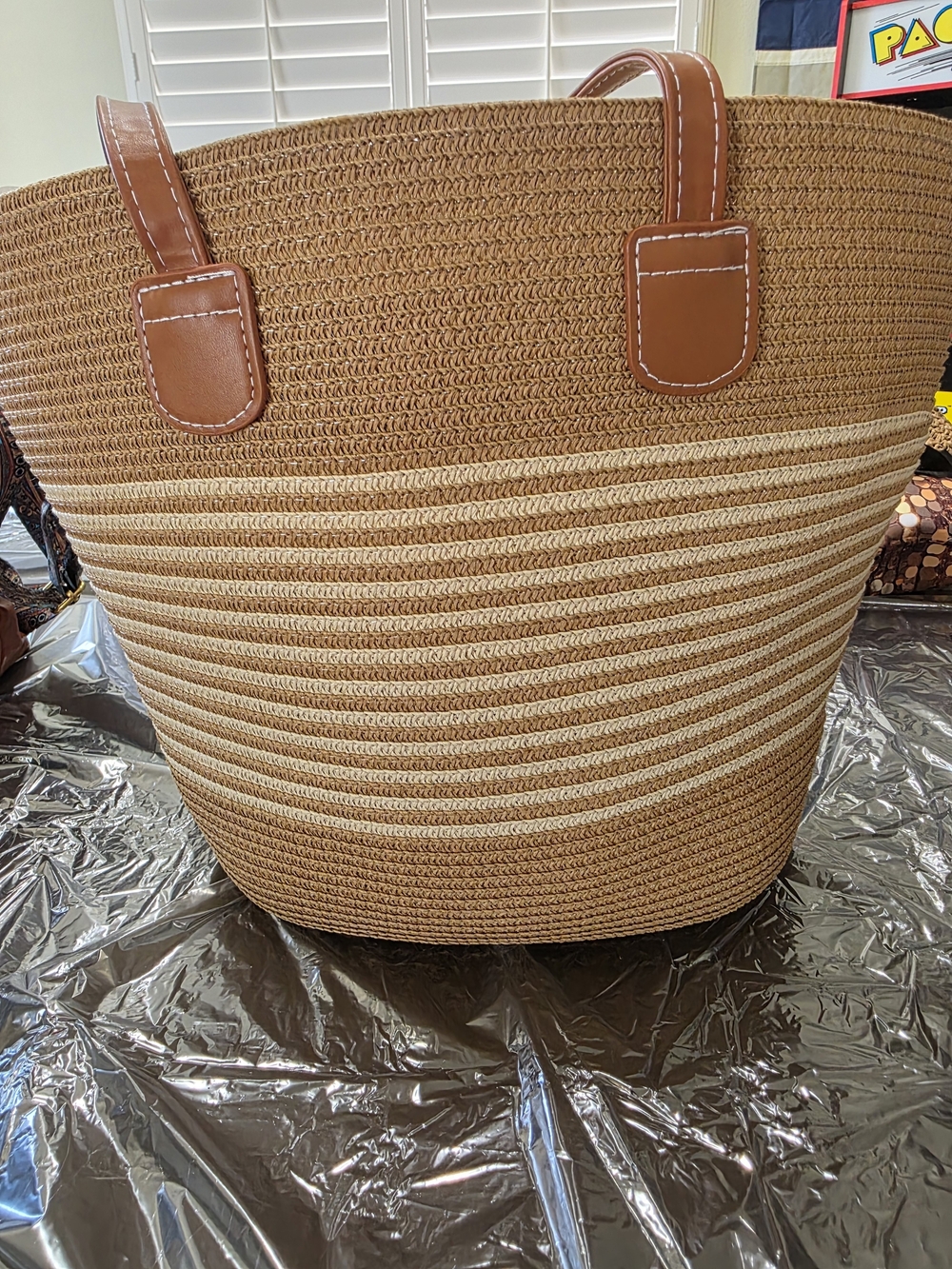 Woven Straw Tote Bag with Leather Handles - Brown/Cream